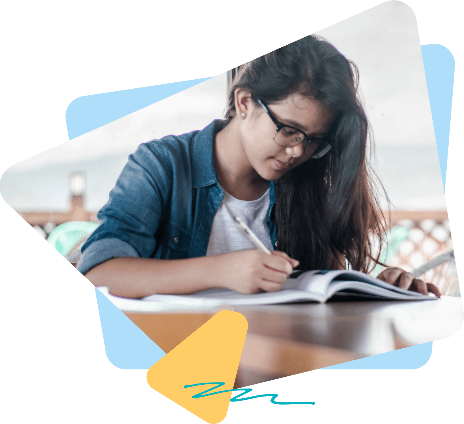 Middle school girl doing her homework at the dining room table.